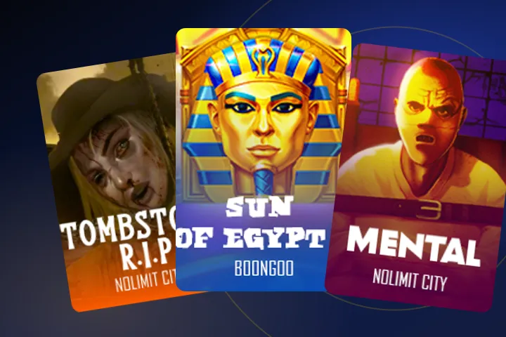 Automaty i stoły w Skolim kasyno Automaty w Skolim kasyno – okładki gier Tombstone R.I.P., Sun of Egypt 3 i Mental na ciemnym tle